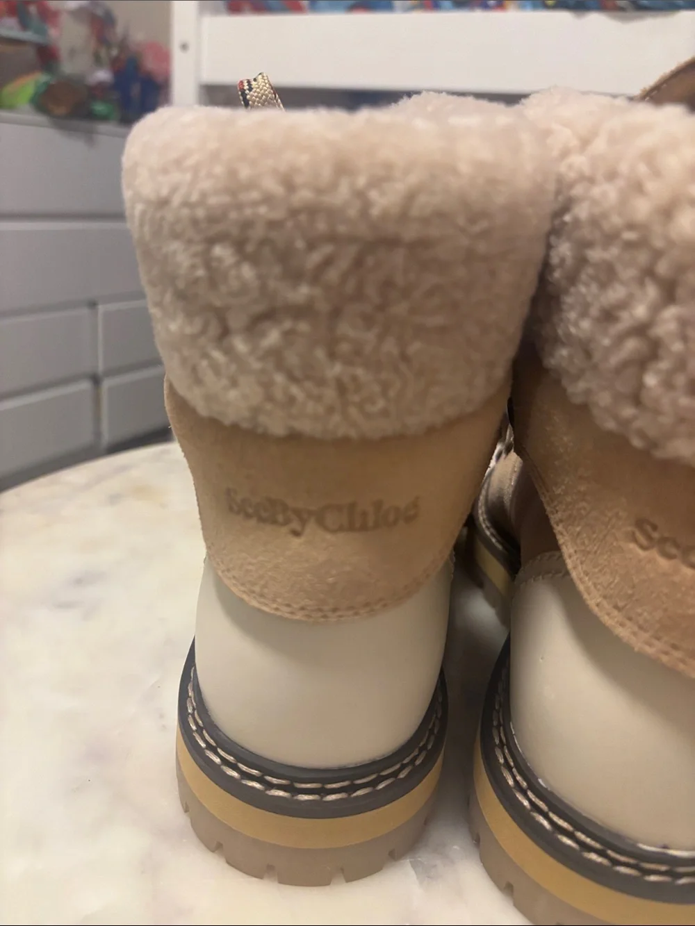 See By Chloe Suede Sherpa-Lined Hiker Boots - Beige